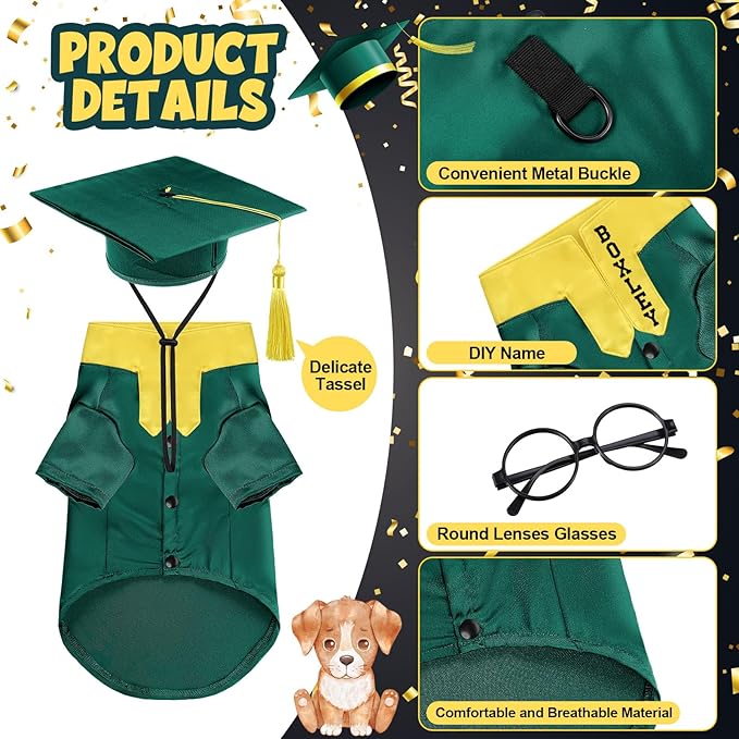 5 Pcs Dog Graduation Costume Set Include 2026 Pet Graduation Gown with Stole Puppy Grad Cap Lensless Glasses DIY Letter Stickers for Dogs Cats Holiday Costume Accessory(Green Yellow,XL)