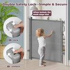 42" Extra Tall Retractable Baby Gates for Stairs, 76" Wide Dog Gate Indoor Outdoor for Doorways Deck Kitchen, Long Mesh Safety Gate for Child Toddler, Prevent Pet from Jumping Over, Grey