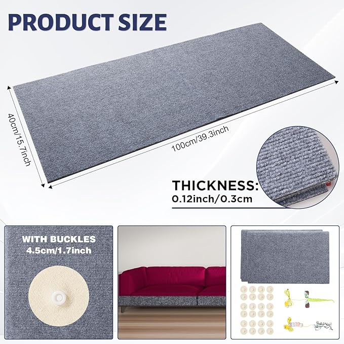 Cat Couch Scratch Protector with 2 Cat Teaser Toys - Adhesive Anti-Scratch Pad for Furniture, DIY Deterrent to Protect Couch from Claws, Indoor Use (Grey, 39.3x15.7 in)