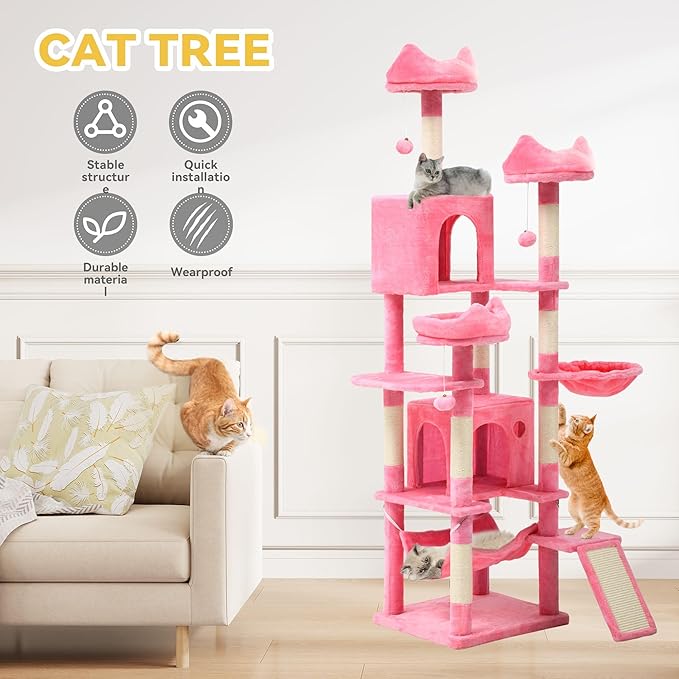 DWVO 75 in Multi-Level Cat Tower: Tall Cats Tree for Indoor Kittens, Pet Furniture with Kitty Condos, Top Perches, Sisal Ramp Scratching Posts, Cozy Basket, Hammocks, Pink
