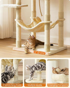 Feandrea Cat Tree, 56.3-Inch Cat Tower, Multi-Level Plush Condo with 11 Scratching Posts, 2 Perches, Hammock, Cave, Beige UPCT15BE