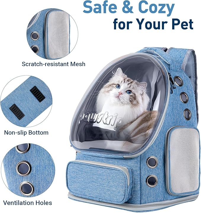 Pawstrip Cat Backpack Carrier with Large Space Bubble Window, Airline Approved Breathable Pet Carrier for Small Dogs Cats up to 15lbs, Foldable for Travel Hiking & Outdoor Use