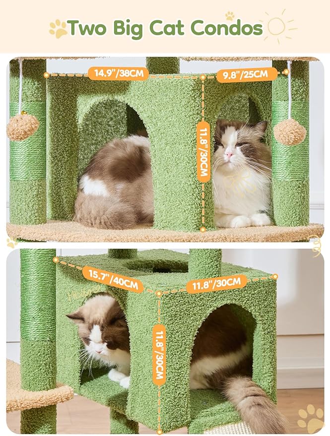 Taoqimiao 76-Inch Cat Tree XXL for Large Cats, Giant Cat Tower with Scratching Board, Extra-Large Metal Hammock, 3 Perches, 7 Sisal Posts, 2 Big Condos, Hanging Basket, Cactus, MS047T