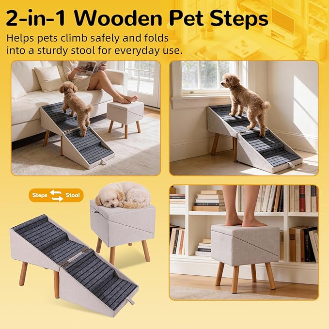 17.13" H Dog Stairs for Small Dogs, 2-in-1 Pet Steps & Ottoman - Foldable Dog Stairs for Couch, Non-Slip Wooden Pet Stairs for Puppy Senior Injured Dogs