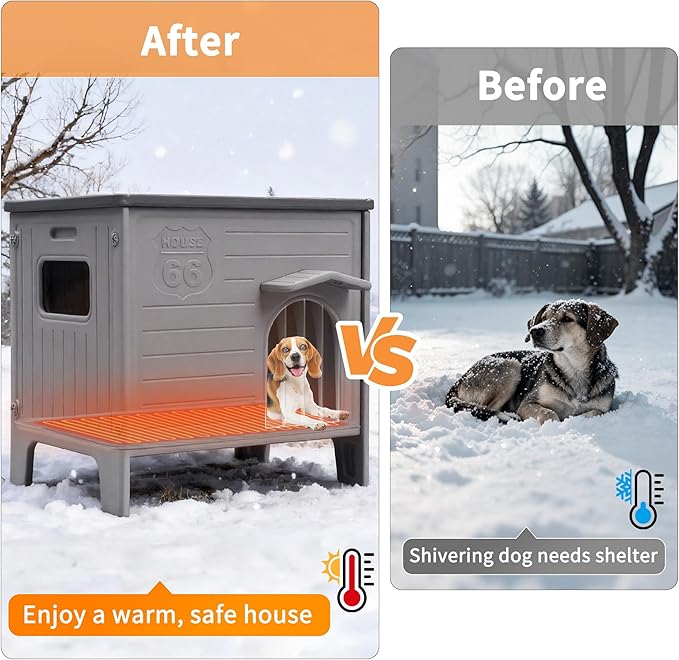 Rockever Heated Dog House Outdoor Indoor for Small Medium Dogs, Insulated Dog House with Heating Pad, Plastic Elevated Outdoor Dog House Waterproof Dog Kennel, Clean Easily(M & Heating Mat)