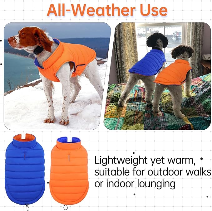 Lelepet Reversible Dog Coat Waterproof Dog Jacket Windproof Puffer Vest for Winter Warm Lightweight Coats for Medium Dogs Adjustbale Hook & Loop Pet Apparel with Leash Hole, French Bulldog, Orange, L