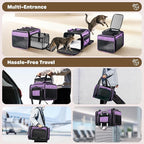 Top and 2 Sides Expandable Cat Carrier 18x11x11, TSA Airline Approved Dog Carriers for Small Dogs, Soft-Sided Pet Carrier with Self-Locking Zippers for Kitten,Rabbit, Puppy, Guinea Pig Purple