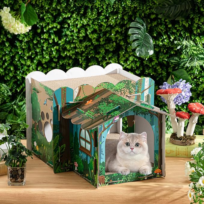 2 Story Cardboard Cat House with Scratcher Pad for Small Kitten,17x12x10 Multi Level Durable Cat Condo & Villa for Bunny Rabbit Small Animals Christmas Birthday Gift(17x12x10,Forest)