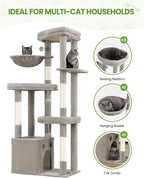 Cat Tree Tower for Indoor Cats, 67 inch Multi-Level Tall Climbing Tower with 3 Large Platform, Scratching Post, Hammock, Kitty Condo for Multiple Cats, Modern Cat Tree Furniture Heavy Duty, Light Grey
