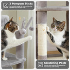 Large Cat Tree for Indoor Cats, 59" Tall Cat Tower with 3 Removable Pompom Sticks, Spacious Condo, Large Hammock and Scratching Posts, Sturdy Play House for Large Cats, Grey