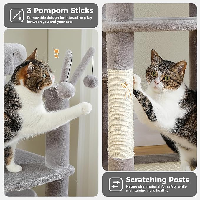 Large Cat Tree for Indoor Cats, 59" Tall Cat Tower with 3 Removable Pompom Sticks, Spacious Condo, Large Hammock and Scratching Posts, Sturdy Play House for Large Cats, Grey