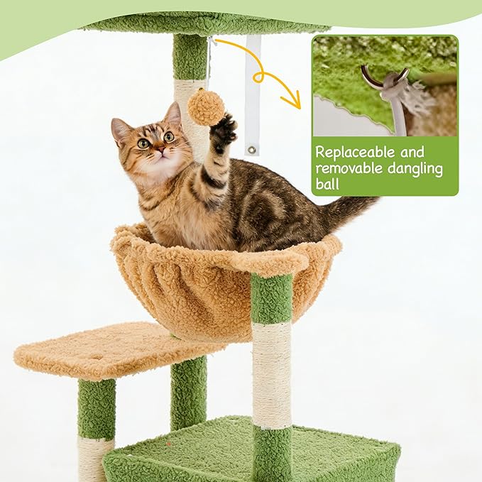 Cat Tree for Indoor Cats, 39.8-inch Cat Tower with 2 Plush Perches for Play & Rest, 1 Cozy Hideaway, Dangling Toy & Full Sisal Scratching Posts for Indoor Cats, Green