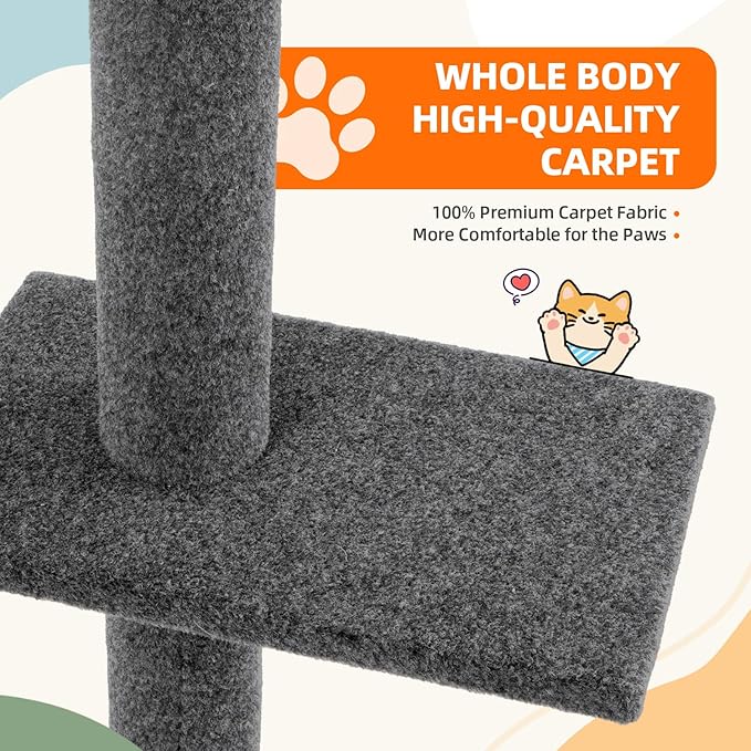 Cat Craft Cat Tree Floor to Ceiling 95-108" Tall Cat Tree Carpet Cat Tower Kitten Tree Sisal Scratching Post and Mat Cat Pole for Indoor Cats, Charcoal