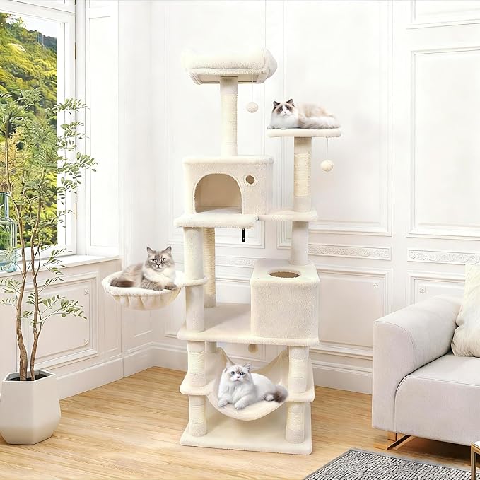 Tangkula 66 Inch Tall Cat Tree, Multi-Level Cat Tower with Sisal Scratching Posts, 2 Condos, Plush Perch, Hammock, Basket, Dangling Toys, Cat Climbing Furniture for Indoor Cats (Beige)
