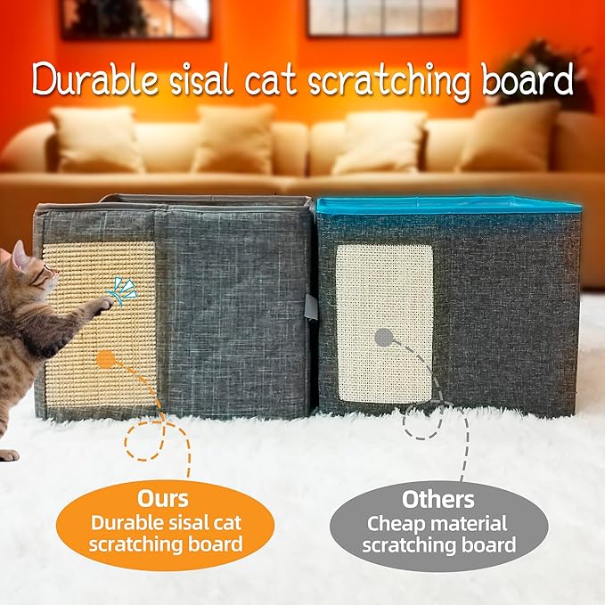 Cat Houses for Indoor Cat, Large 2-Sided Reversible Cushion Cat Condo with Safety Strap, Foldable Cat Hideway with Sisal Scratch Pad, All Seasons Pet Bed for Multi Cats,Light Grey
