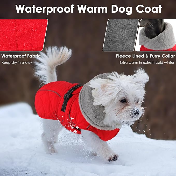 Dog Coat, Waterproof Dog Winter Jacket with Adjustable Buckle, Reflective Turtleneck Pet Snow Vest Warm Fleece Sweater for Small Medium Large Dogs - Red, S