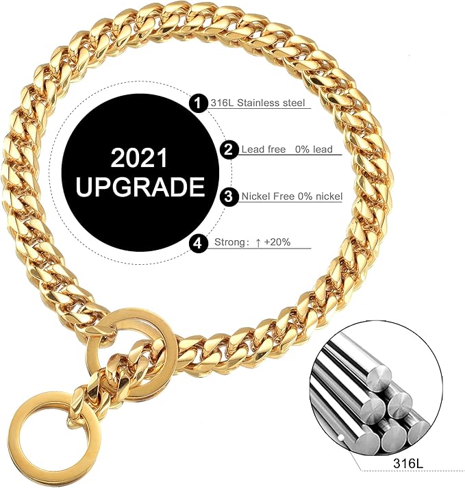 Dog Chain Collar 18K Gold High Polished Stainless Steel Cuban Link Strong Heavy Duty Chew Proof Walking Training Chain Leash Collar for Small Dogs(12mm, 12")