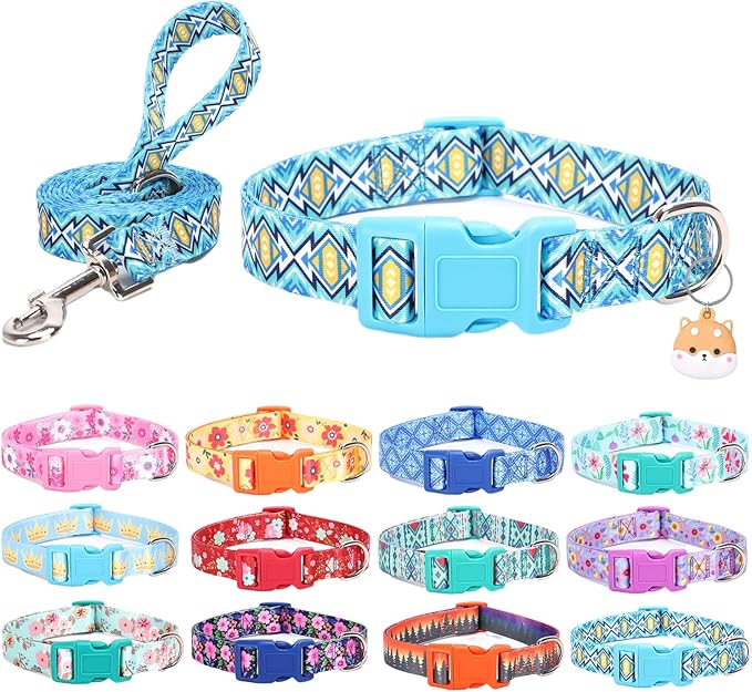 Dog Collar with Leash Airtag Holder Case Set - Dog Collars for Male Female Boy Girl Puppy X-Small Small Medium Large Dogs Walking Running Training - Blue Lattice/L