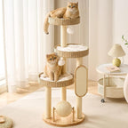 Modern Cat Tree Tower for Large Cat with Scratching Post for Indoor, 46 inch Multi-Level Solid Wood Cat Tower with Handwoven Beds, Scratching Boards, Scratcher Ball, Dangling Balls
