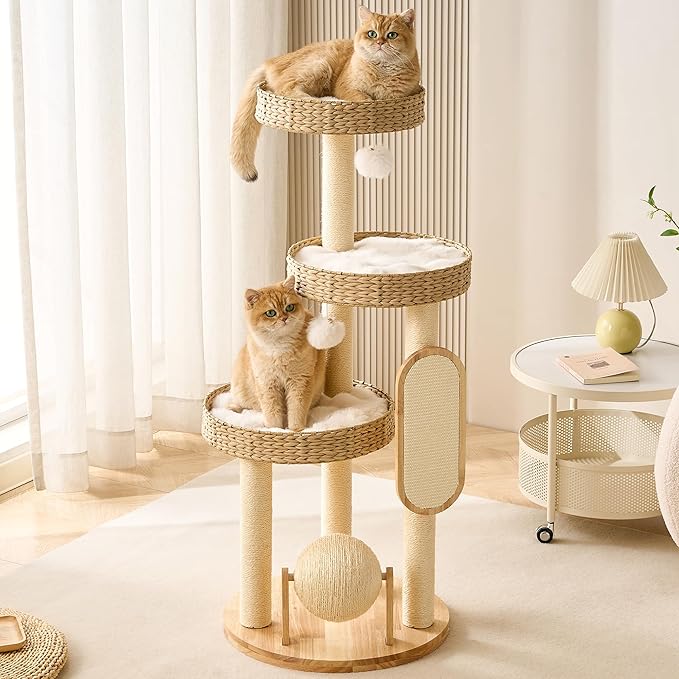 Modern Cat Tree Tower for Large Cat with Scratching Post for Indoor, 46 inch Multi-Level Solid Wood Cat Tower with Handwoven Beds, Scratching Boards, Scratcher Ball, Dangling Balls