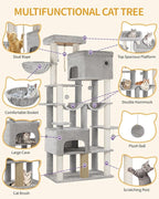 Cat Tree, 200cm XXL Cat Tree with 10 Scratching Posts, 2 Caves, 2 Hammocks, Large Platform, Cat Brushes, Basket, Heavy Duty Cat Tree for Maine Coons, Large Cats, Light Grey MS20018LG