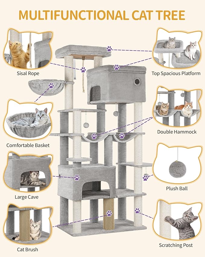Cat Tree, 200cm XXL Cat Tree with 10 Scratching Posts, 2 Caves, 2 Hammocks, Large Platform, Cat Brushes, Basket, Heavy Duty Cat Tree for Maine Coons, Large Cats, Light Grey MS20018LG