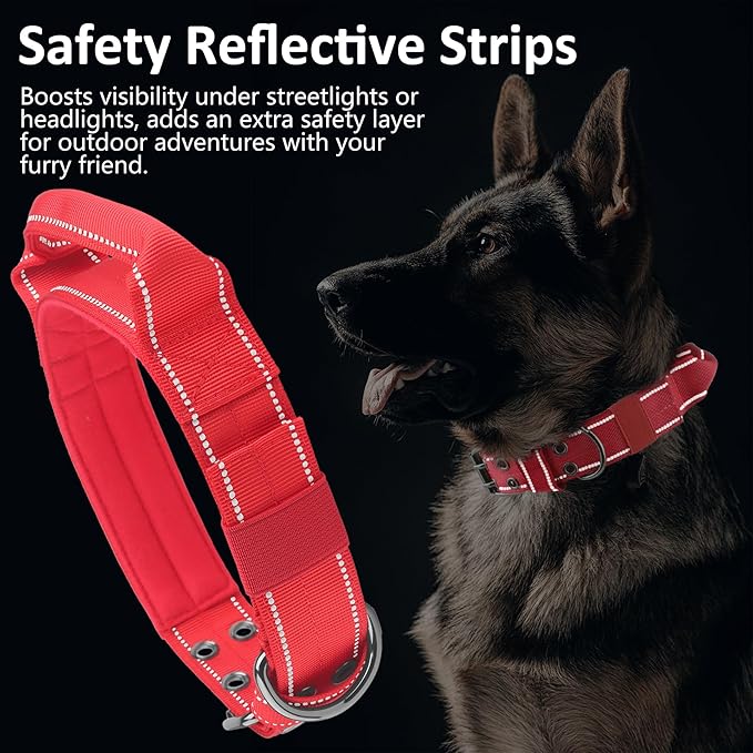 Tactical Dog Collar with Control Handle, Military Adjustable Pet Collar Reflective Heavy Metal Buckle Dog Collar, Soft Nylon Training Collar for Medium Large Dogs (Red, Large)