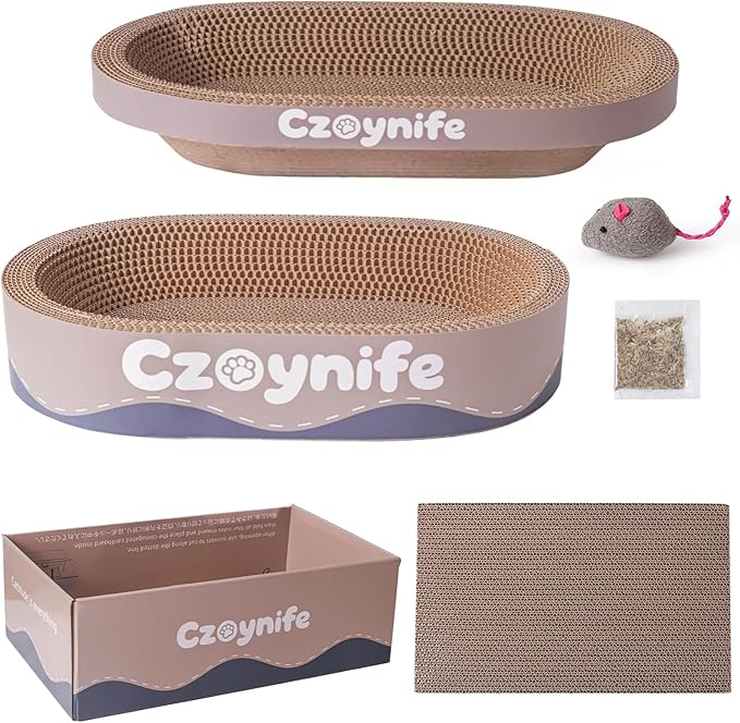 3PCS Cat Scratcher Cardboard, Oval Cat Scratch Pad Bowl Nest for Indoor Cats, Round Cat Scratching Board Corrugated Lounge Cat Bed, Furniture Protector for Couch (Coffee, 17 * 11.5 in)