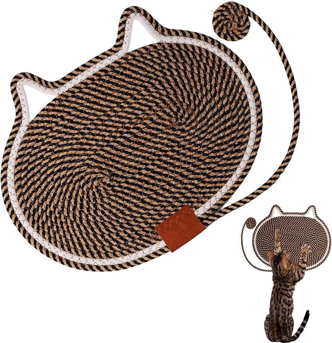 Cat Scratcher Mat Natural Cotton Rope Oval Horizontal Floor Cat Scratch Bed Pad with Ball Toy Protector for Furniture Floor Wall (Black, 1PC)
