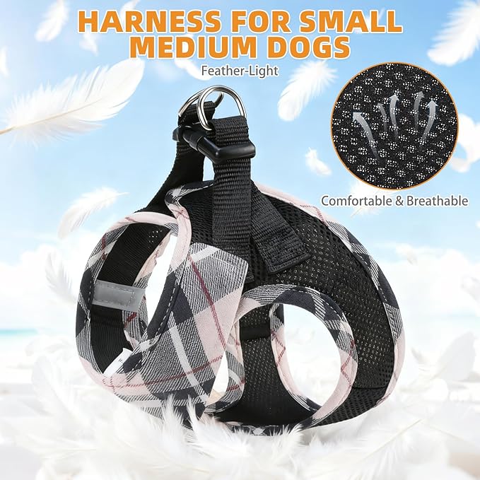 KOOLTAIL Small Dog Harness and Leash Set, Cute Puppy Harness, Step in No Pull Soft Mesh Pet Vest Harness Collar for Small Size Dogs Cats Boy Girl, Plaid Dog Halters for Outdoor Walking, Beige XS