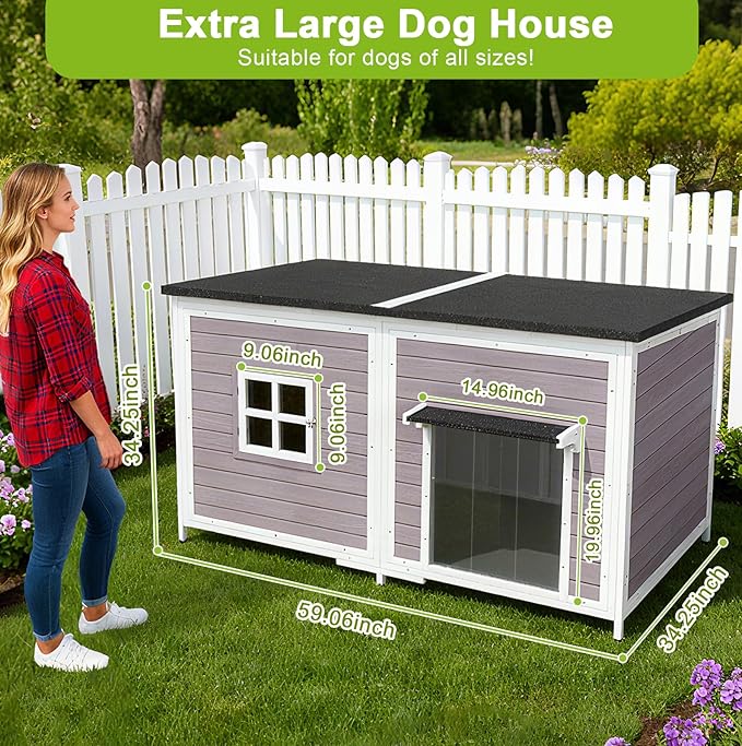59" Dog House, Extra Large Dog House with Weatherproof Roof for Outdoor Use, Easy to Install and Clean, Anti-Chewing Metal Frame Design for Small Medium Large Dogs