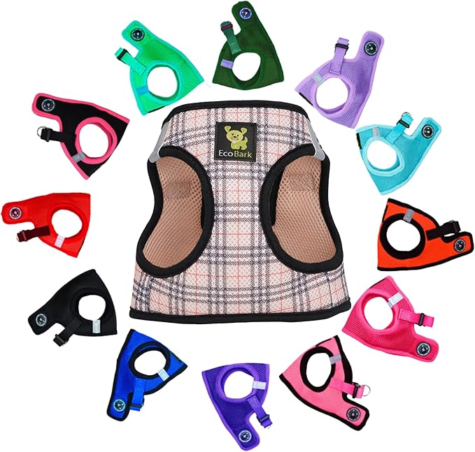 EcoBark Step in Dog Harness - Reflective and Adjustable Body Halter Vest - Soft Mesh Harness (Beige Plaid)