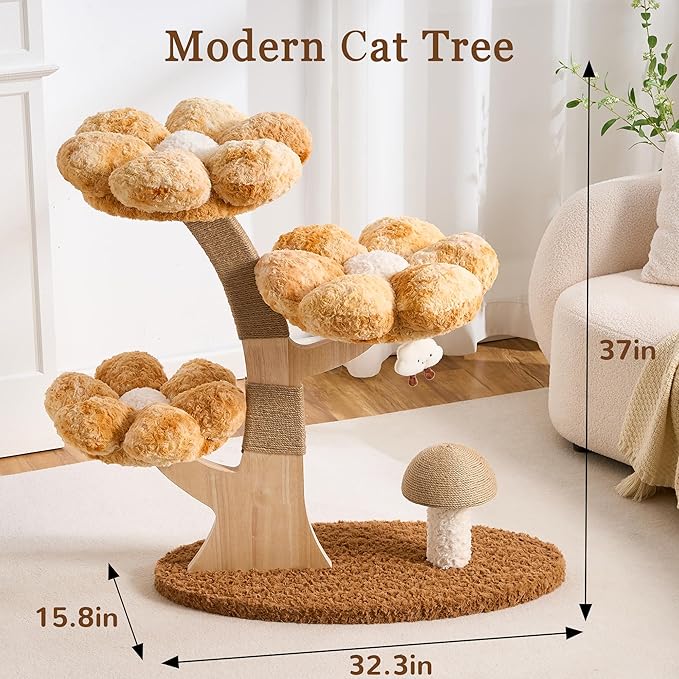 Modern Cat Tree Tower for Indoor Cats Large Adult, 37 inch Flower Cat Tree with Scratching Post, Luxury Aesthetic Cat Tree with Cloud-Soft Flower Perches and Physical Mouse-Sound Hanging Toy