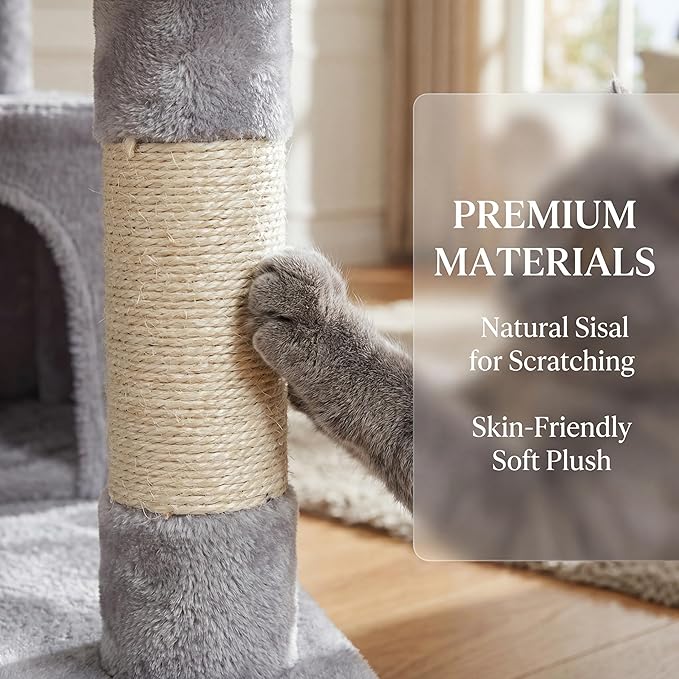 71" Tall Cat Tree for Indoor Cats, Multi-Level Cat Tower with Condo, Hammock & Top Perch, Sturdy Cat Activity Center with Scratching Posts, Soft Faux Fur Cat Furniture, Light Grey