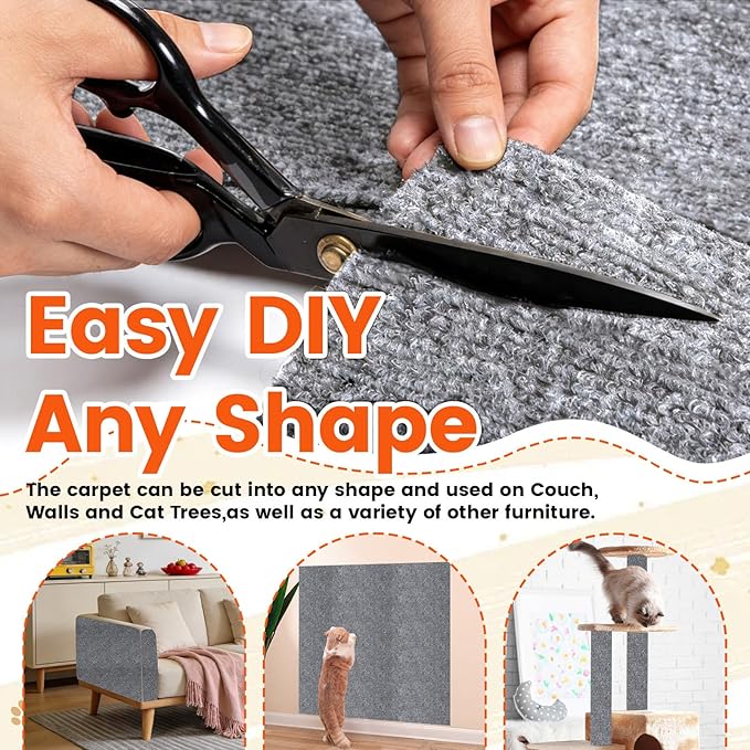 78.7"x15.8" Self-Adhesive cat Scratch pad - Trimmable Furniture Protector for Couch, Walls & Cat Trees | DIY Climbing Scratcher Pad with Twist Pins & Double-Sided Adhesives (Light Grey)