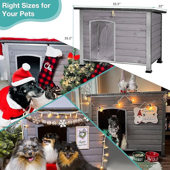 Heated Dog House Outdoor,Anti Bite Iron Frame Dog Kennel with Adjustable Temperature and Time,Insulated Weatherproof Outside Shelter for Feral Animal (Grey, M)