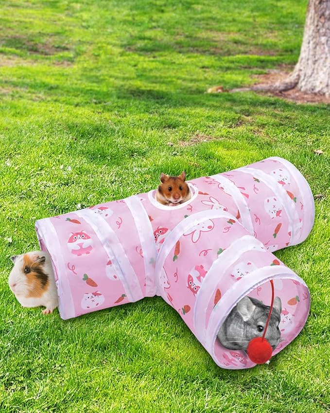 Bissap Guinea Pig Tunnel, Collapsible Hamster Tunnel and Tube 3 Ways Pet Hideout with 1 Play Ball for Indoor Guinea Pig Chinchilla Hamster Rat Small Animal Activity Fun Toys (Pink)