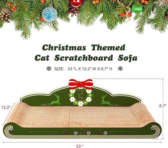 Sofa-Shaped Cat Scratching Couch - Thick Cardboard Cat Lounge Bed for Indoor Rest & Play Christmas Theme Sofa Scratcher Pad (23 "L X 12.2" W X 6.7" H)