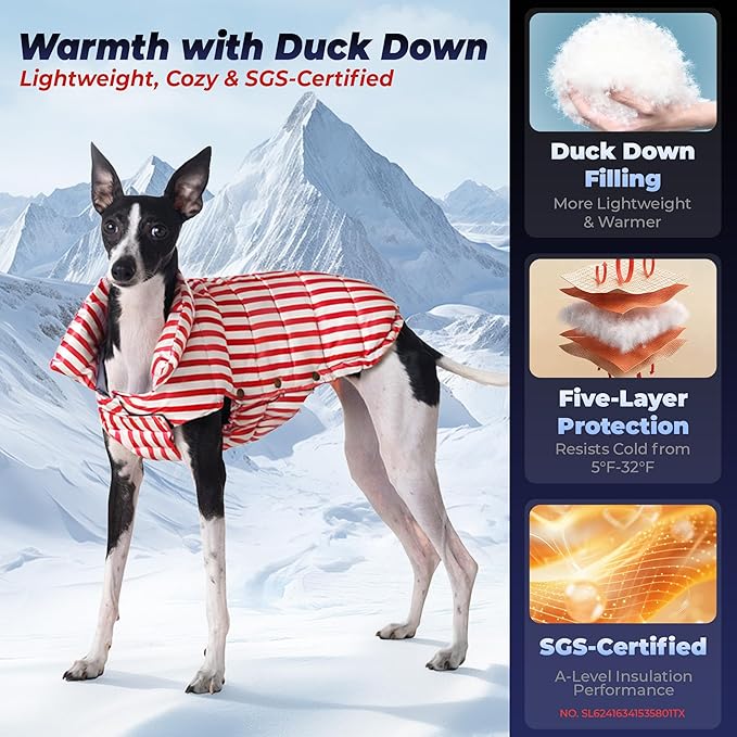 SPACE LION Dog Puffer Jacket, Down Winter Coat, Durable Outdoor Coat for Cold and Windy Conditions, Lightweight & Adjustable Fit Coats for Large Dogs, (RedStripe, Size24/2XL)