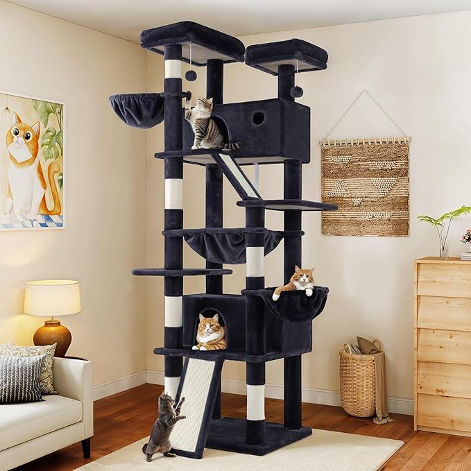 WEEWAY Cat Tree Tower for Indoor Cats,81'' Multi-Level Cat Furniture Activity Center,Stand House Condo Cave,Sisal Scratching Posts Ramps,Plush Perches Platforms Basket Hammock, Dark Grey