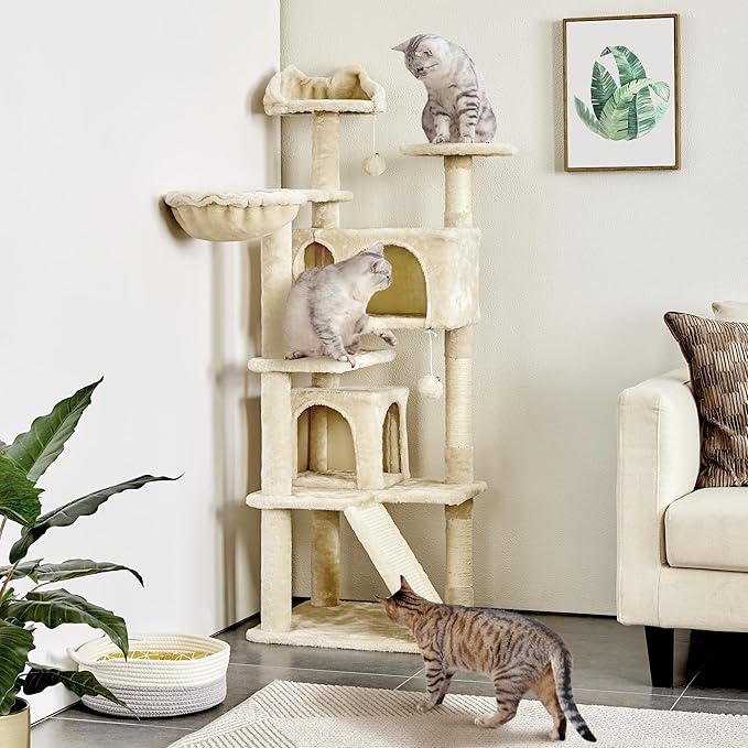 Yaheetech 57 inches Cat Tree for Indoor Cats, Multi-Level Cat Tower w/ 3 Perches, 2 Cat Condos, 2 Hanging Balls and Scratching Posts, Beige