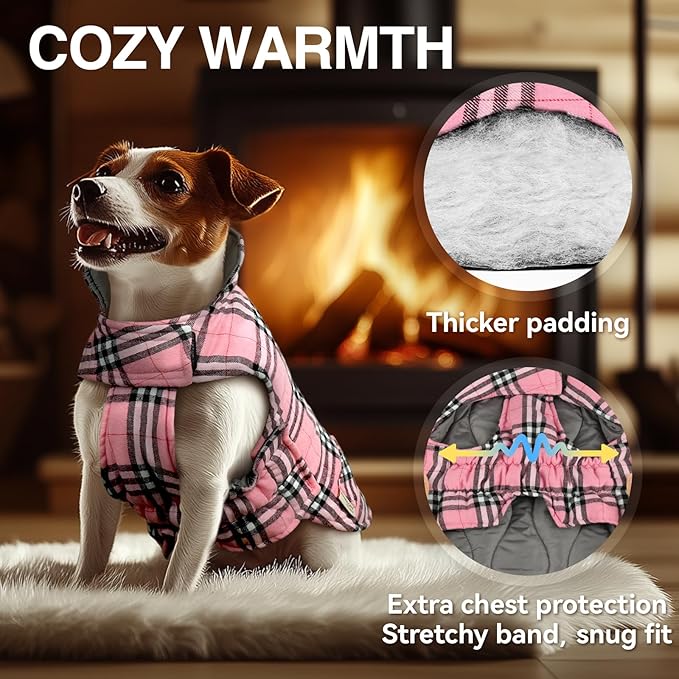 VIVAGLORY Softjoy Dog Coat, Dog Jacket for Winter & Christmas, Coat with Harness Hole, Reversible Plaid Checkered Warm Fluffy Heavy Duty for Puppy, XL, Pink