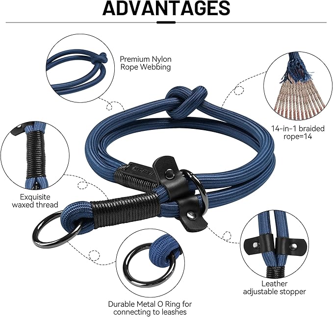 Slip Dog Collar, Nylon Rope Dog Choker Collars with Adjustable Stopper, Heavy Duty Collar for Medium Dog Training (Navy Blue)