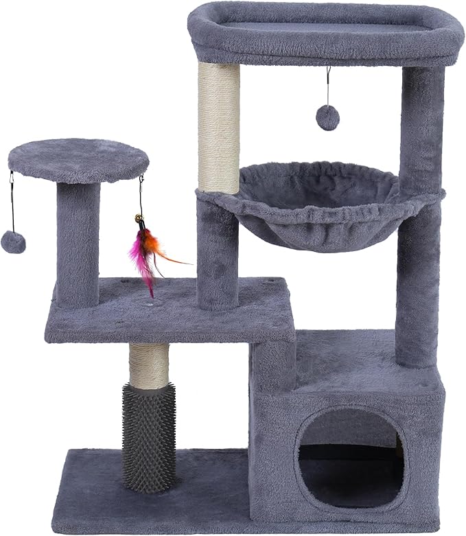 Multi-Level Cat Tree for Indoor Cats, Cat Tree Tower with Big Cat Hammock, Indoor Climbing Activity Tower with Scratching Posts, Grey