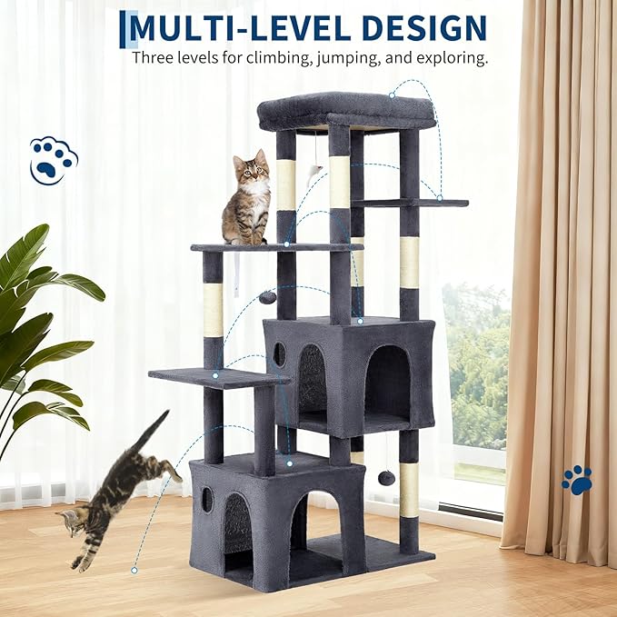 Dark Grey 61" Heavy Duty Cat Tree for Large Indoor Cats & Maine Coon, Modern Multi-Level Cat Tower with Extra Large Perch, 2 Spacious Condos, Natural Sisal Scratching Posts & Interactive Toys