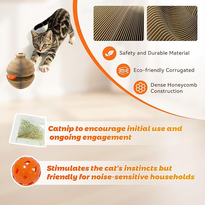 Magic Organ Cat Scratcher, Kitty Kurlz Cat Toys Cardboard Cat Scratching Board, Interactive Cat Toys for Indoor Cats, Mental Physical Exercise Cat Toys with Bell Ball