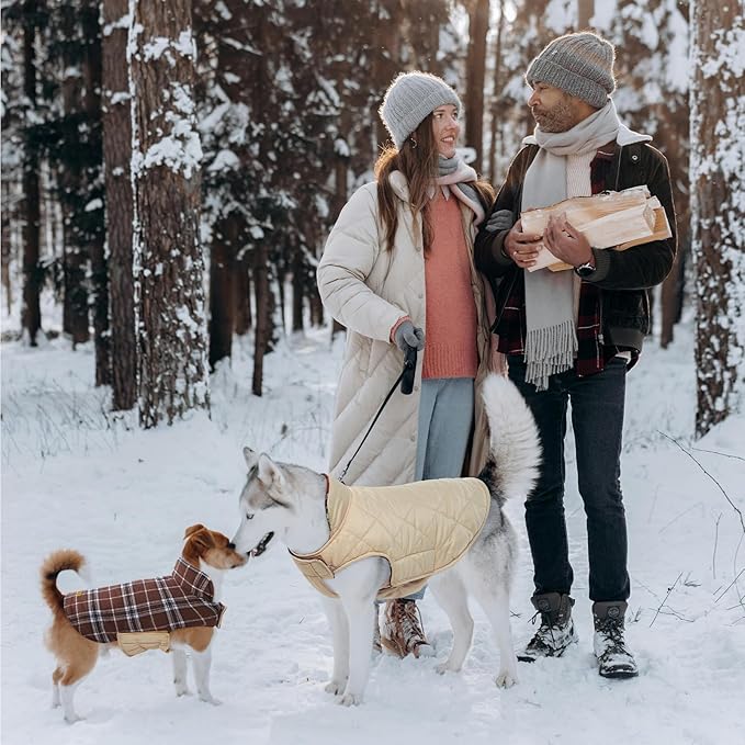 Kuoser Waterproof Dog Coat, Reversible Dog Jacket for Small Dogs, Adjustable Durable Doggie Winter Coat Warm Cozy Puppy Cold Weather Apparel from Small to Large Breed, Brown S