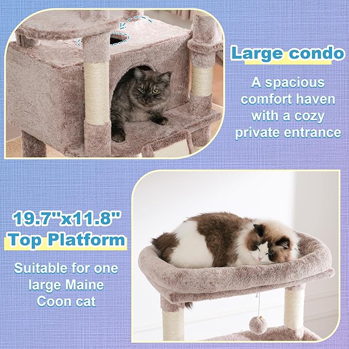 Hey-brother Cat Tree Tower, Scratching Posts with Extra Large Platform and Basket, Specious Condo, 2 Cozy Hammocks, Scratch Board for Indoor Adult Cats, Maine Coon 71.7 inches, Muchroom MPJ080MU