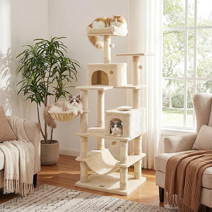 DORTALA Cat Tree for Indoor Cats, 66" Tall Cat Tower with 2 Condos, Sisal Scratching Posts, Plush Perch, Hammock, Dangling Balls, Multi-Level Pet Climbing Furniture Activity Center (Beige)