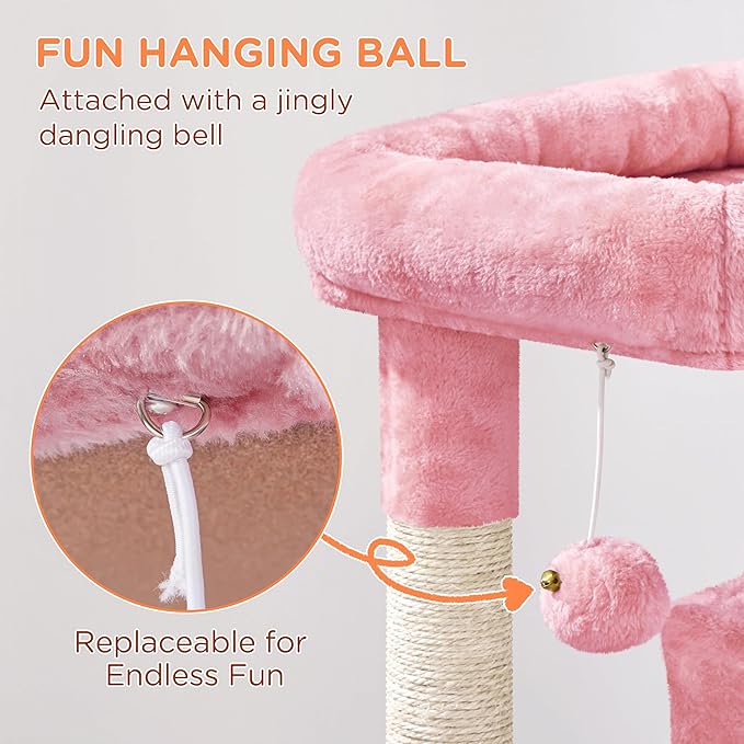 Yaheetech Cat Tree for Indoor Pets, 36in Tower Condo w/Extra Large Perch, Scratching Posts, Board, Dangling Ball, Play Structure for Kittens & Adult Cats, Pink